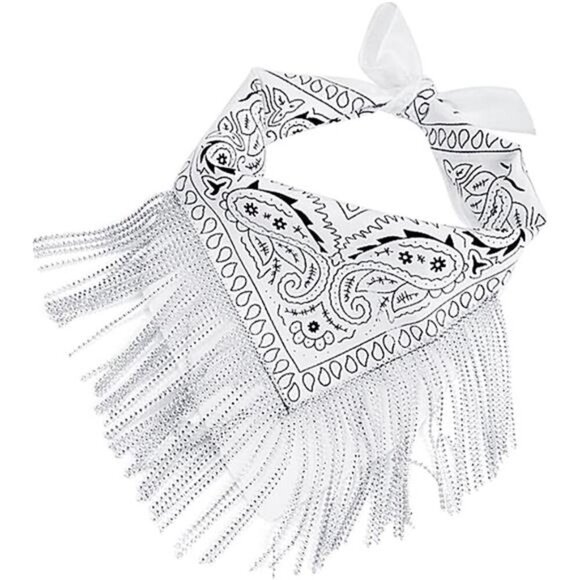 White Paisley Bandana Scarf with Rhinestone Fringe – Western Festival Accessory - Picture 2 of 7